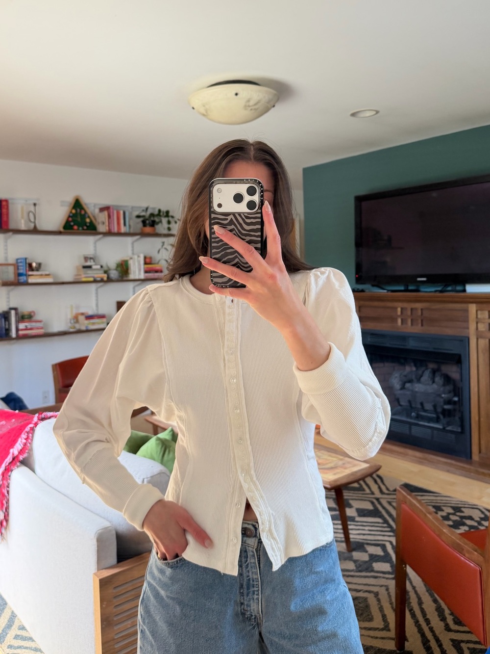 Free People Cream Button-Front Puff Sleeve Top